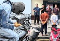 Kolase foto ilustrasi pembobolan kunci motor pakai kunci T dan saat ketiga tersangka ditangkap Polsek Pulau Panggung sebelum dijebloskan penjara, Kamis 4 Desember 2025 |