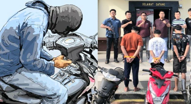 Kolase foto ilustrasi pembobolan kunci motor pakai kunci T dan saat ketiga tersangka ditangkap Polsek Pulau Panggung sebelum dijebloskan penjara, Kamis 4 Desember 2025 |