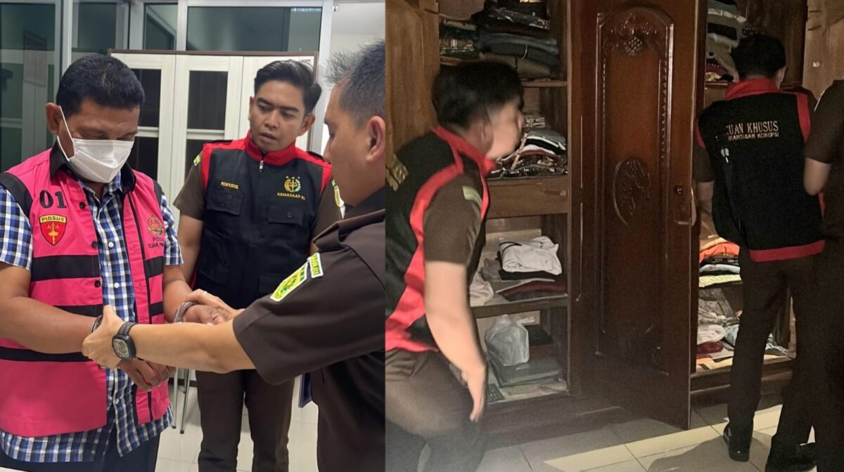 Kolase foto tersangka AZ diborgol tim Kejari Pringsewu dan saat tim lainnya melakukan penggeledahan, Selasa 9 Desember 2025 | Dok. Kejari Pringsewu.