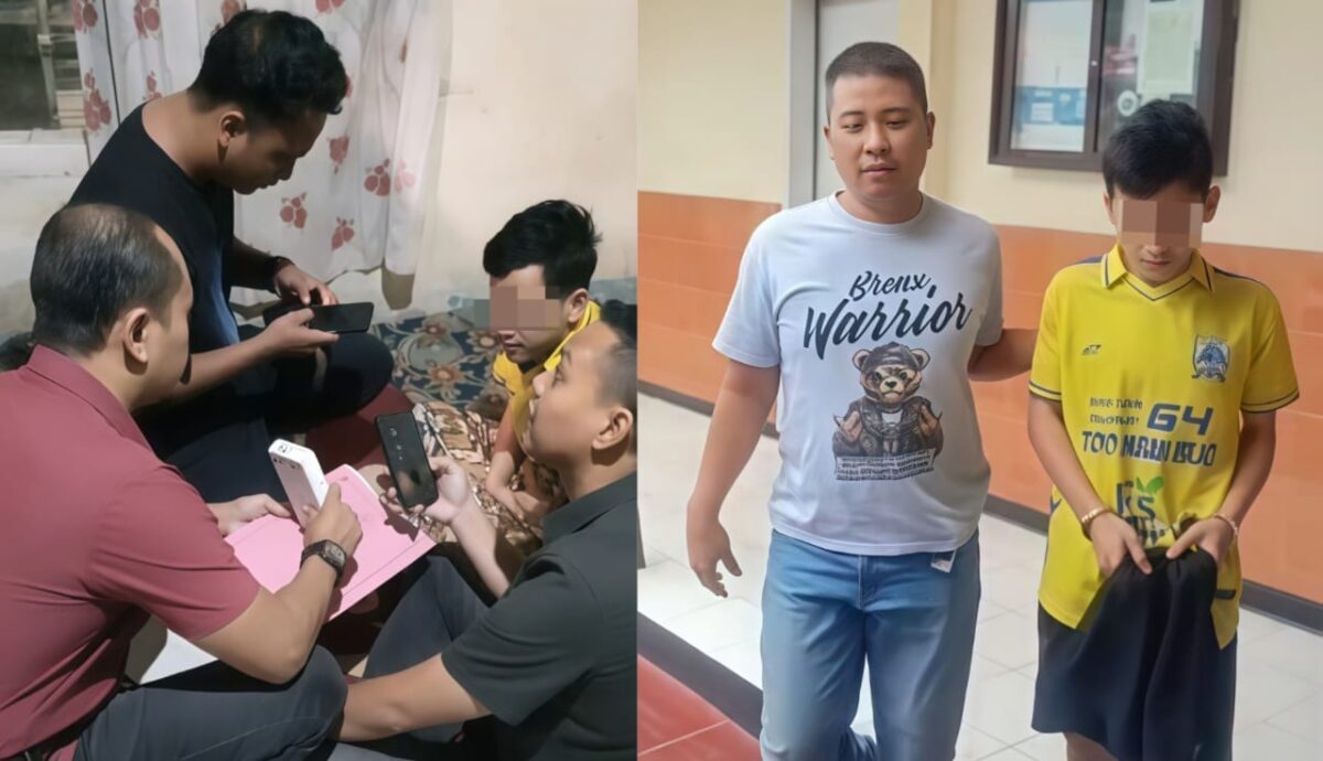 Kolase foto saat tersangka MA ditangkap usai terbangun di rumah neneknya dan saat digelandang petugas ke Polsek Pringsewu Kota | Dok. Humas Polres Pringsewu.