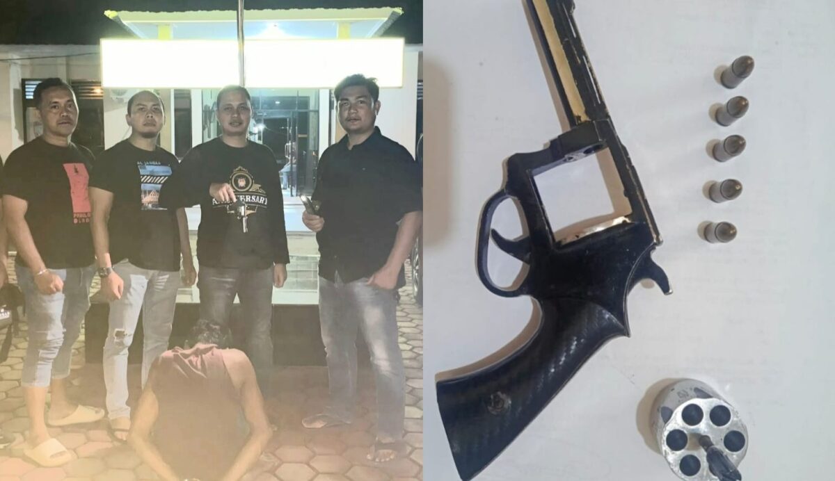 Kolase foto tersangka yang diamankan dan barang bukti senjata api rakitan berikut 5 amunisinya | Dok. Humas Polres Pringsewu.