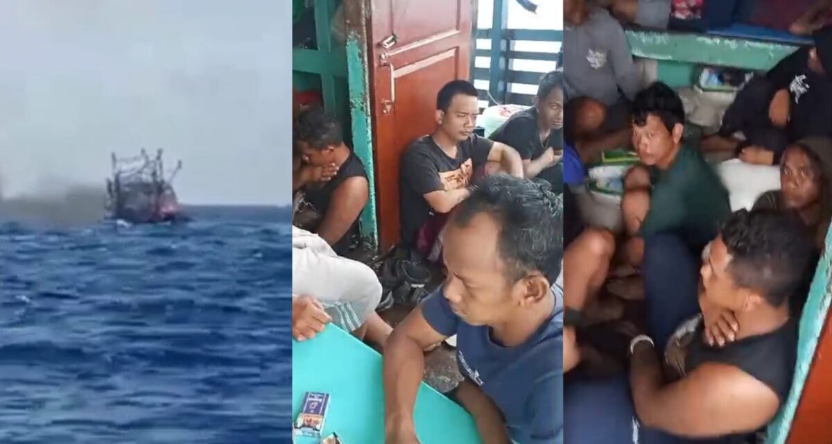 Kolase foto tangkapan layar KM Maulana 30 yang terbakar di perairan Lampung dan para korban yang diselamatkan salah satu kapal, Sabtu 20 Desember 2025 | Dok. Basarnas Lampung.