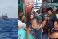 Kolase foto tangkapan layar KM Maulana 30 yang terbakar di perairan Lampung dan para korban yang diselamatkan salah satu kapal, Sabtu 20 Desember 2025 | Dok. Basarnas Lampung.