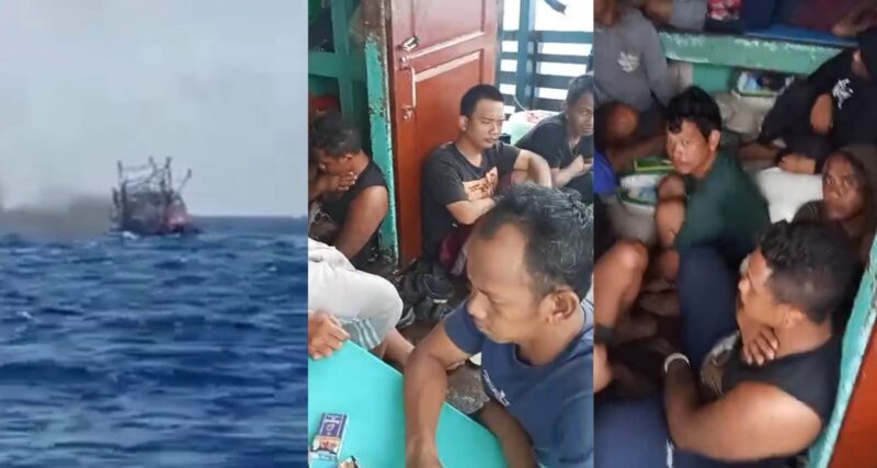 Kolase foto tangkapan layar KM Maulana 30 yang terbakar di perairan Lampung dan para korban yang diselamatkan salah satu kapal, Sabtu 20 Desember 2025 | Dok. Basarnas Lampung.