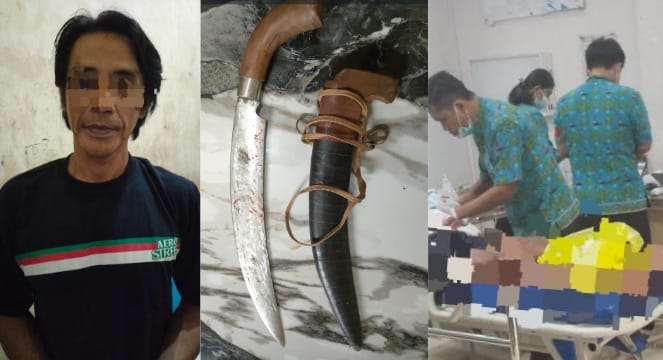 Kolase foto tersangka dan barang bukti golok yang diamankan polisi serta kondisi korban saat mendapatkan penanganan medis, Sabtu 20 Desember 2025 | Dok. Humas Polres Pringsewu.