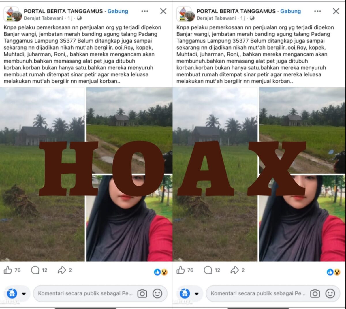 Postingan akun Derajat Tabawani yang diklarifikasi mantan istrinya inisial W.