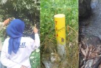 Kolase foto saat Ferli Hanjar Saputra selaku ahli waris menununjukan luasan area sumber mata yang diduga diserobot dan patok milik PT serta sumber air yang mengalir deras, Sabtu 27 Desember 2025 | Herdi/Media Prioritastv.com.