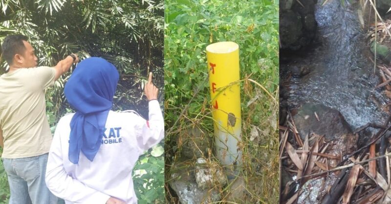 Kolase foto saat Ferli Hanjar Saputra selaku ahli waris menununjukan luasan area sumber mata yang diduga diserobot dan patok milik PT serta sumber air yang mengalir deras, Sabtu 27 Desember 2025 | Herdi/Media Prioritastv.com.