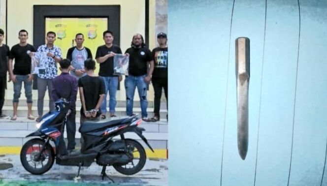 Kolase foto saat kedua tersangka diamankan Polsek Kota Agung berikut barang bukti sepeda motor serta kunci T yang digunakan tersangka, Rabu 31 Desember 2025 | Dok. Humas Polres Tanggamus.