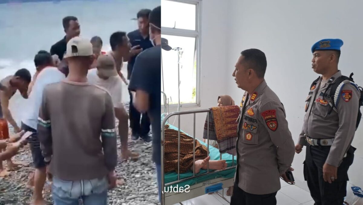 Kolase foto saat korban tenggelam dievakusi warga Jumat 2 Januari 2026 dan saat Kapolsek Kota Agung AKP Feriyantoni menjenguk korban di RSUD Batin Mangunang, Sabtu 3 Januari 2026.