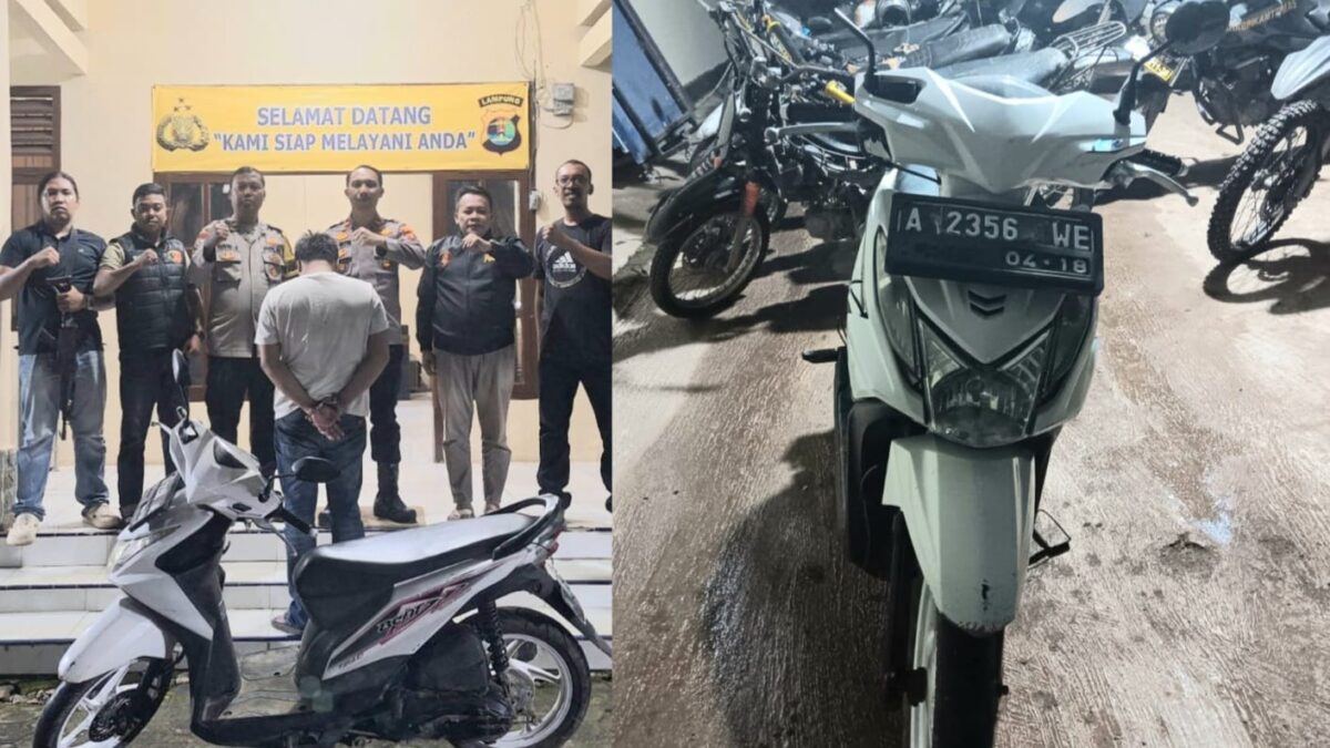 Kolase foto usai tersangka ditangkap Polsek Pugung dan barang bukti sepeda motor yang diamankan, Rabu 31 Desember 2025 | Dok. Humas Polres Tanggamus.