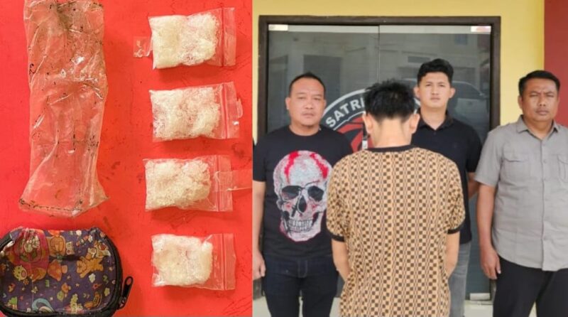 Kolase foto barang bukti Narkotika jenis sabu dan tersangka yang ditangkap sebelum dijebloskan penjara, Kamis 8 Januari 2025 | Dok. Humas Polres Tanggamus.