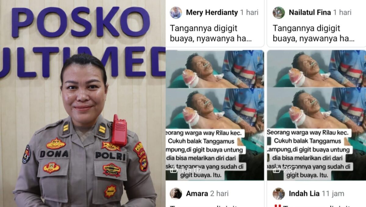 Kolase foto Kasi Humas Polres Tanggamus Iptu Primadona Laila saat menjelaskan terkait postingan hoax soal serangan buaya di Way Rilau, Cukuh Balak, Tanggamus, Rabu 14 Januari 2026 | Dok. Polres Tanggamus.