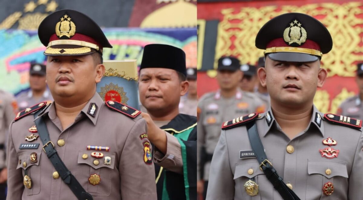 Kolase foto Kompol Fredy Aprisa Putra saat diambil sumpahnya menjadi Wakapolres Tanggamus dan AKP Efriyansyah menjadi Kasat Intelkam di Lapangan Mapolres Tanggamus, Rabu 14 Januari 2025 | Dok. Humas Polres Tanggamus.