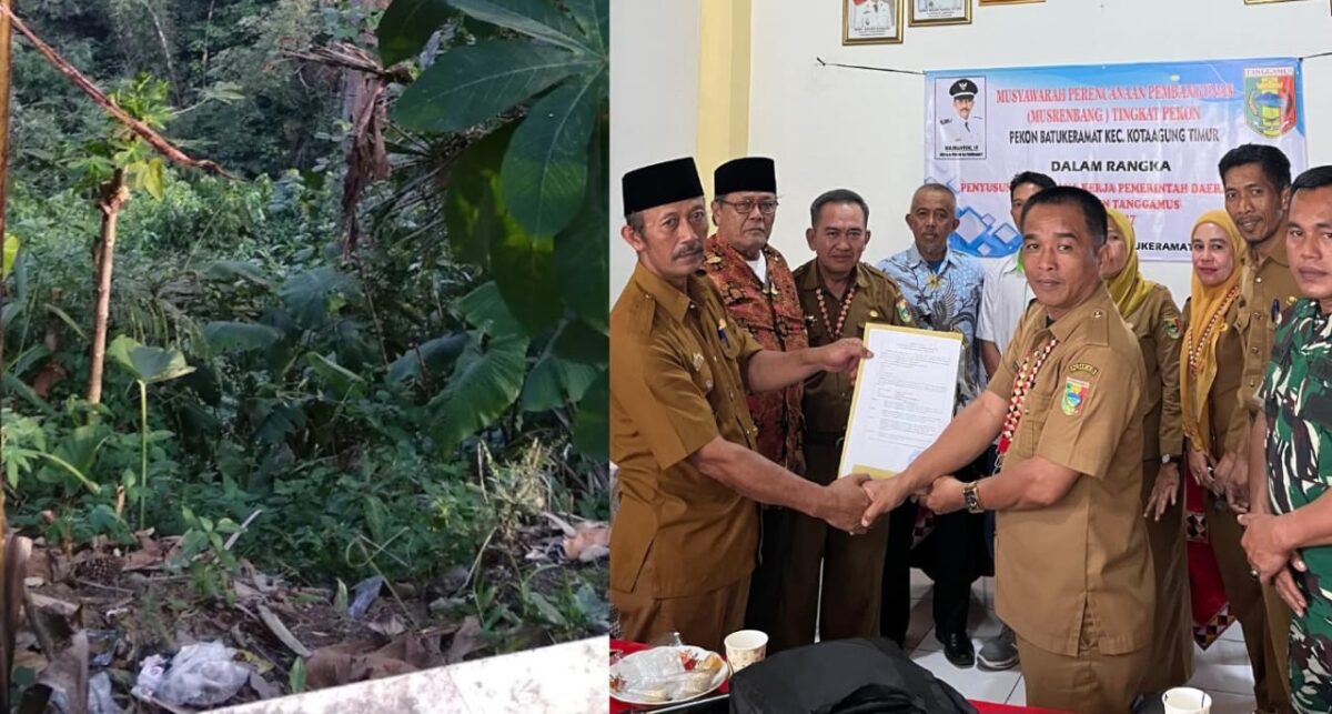 Kolase foto tumpukan sampah berada di atas mata air batu keramat yang diabadikan warga dan penyerahan hasil Musrenbang Pekon Batu Keramat oleh Kakon Masrantok kepada perwakilan Kecamatan Kota Agung Timur, Rabu 14 Januari 2025 | Asrul Ariski/Media Prioritastv.com.
