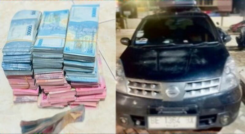 Kolase foto uang yang dilaporkan dibegal setelah ditemukan polisi dan mobil yang digunakan pelapor menyimpan uang tersebut | Dok. Humas Polres Lampung Tengah.