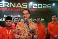 Anies Baswedan saat memberikan sambutan usai Rakernas I Gerakan Rakyat di Hotel Aryaduta, Minggu 18 Januari 2026.