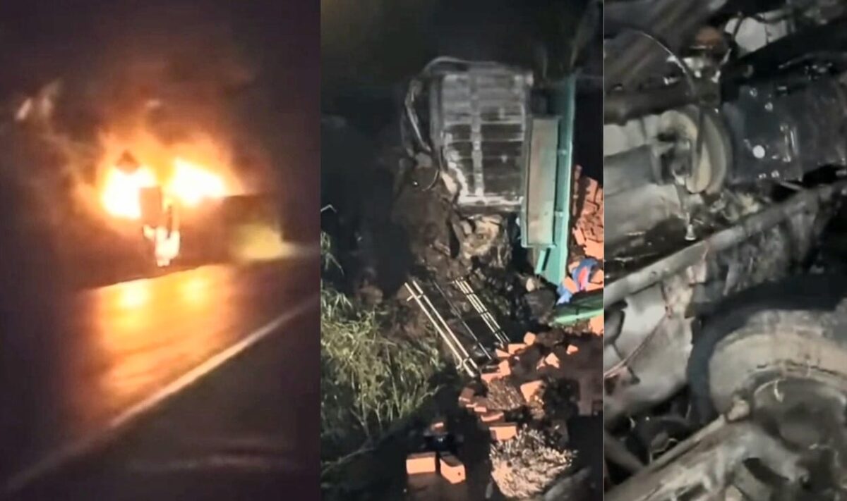 Kolase foto saat api berkobar dan saat mobil dalam kondisi terguling dengan batu bata berserakan, Selasa 20 Januari 2026 | ist/Media Prioritastv.com.