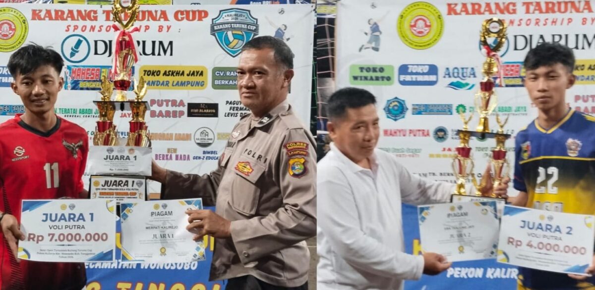 Penyerahan hadiah kepada juara 1 dan juara 2 turnamen voli, Karang Taruna Kalirejo, Wonosobo, Tanggamus, Rabu 21 Januari 2026 | Sumentri/Media Prioritastv.com.