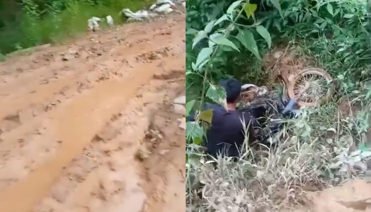 Kolase foto jalan berlumpur yang terekam kamera warga dan saat bocah terperosok ke jurang 3 meter disisi jalan diduga akibat lepas kontrol, Sabtu 24 Januari 2026 | Dok. Facebook Dhedy S Jaya.