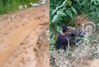 Kolase foto jalan berlumpur yang terekam kamera warga dan saat bocah terperosok ke jurang 3 meter disisi jalan diduga akibat lepas kontrol, Sabtu 24 Januari 2026 | Dok. Facebook Dhedy S Jaya.
