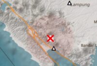 Gempa Senin (26/1/2026) sekitar pukul 00.27.20 WIB berkekuatan magnitudo 2,7 dengan pusat gempa berada pada koordinat 5,94 derajat Lintang Selatan dan 104,4 derajat Bujur Timur, atau sekitar 60 kilometer barat daya Tanggamus, dengan kedalaman 34 kilometer | Dok. BMKG Lampung.