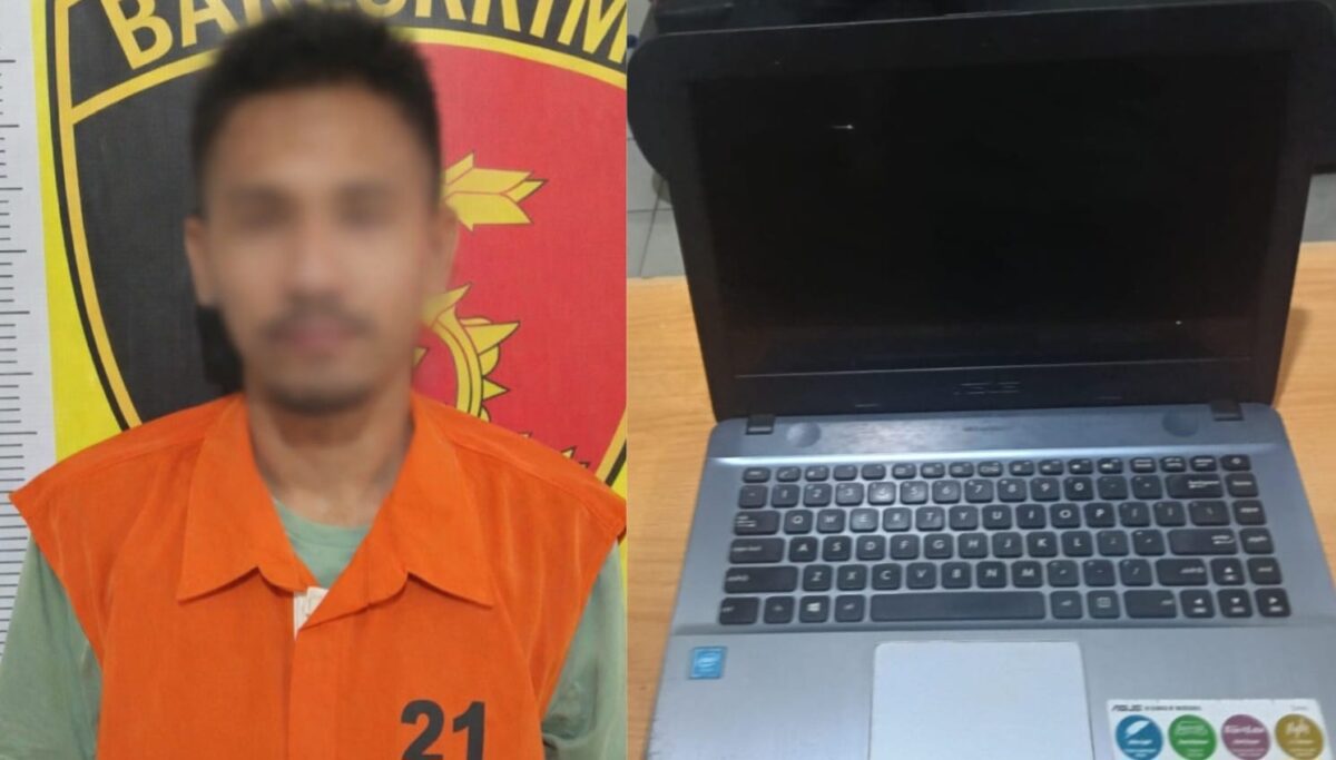 Kolase foto tersangka P yang berhasil ditangkap dan barang bukti laptop yang diamankan Polsek Tanjung Bintang, Senin 26 Januari 2026 | Dok. Humas Polres Lampung Selatan.