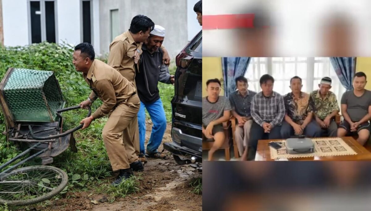 Kolase foto saat konten kekerasan terhadap kakek pengendara sepeda yang beredar dan klarifikasi kru tawal tv yang menjelaskan bahwa kejadian adalah konten parodi, Selasa 27 Januari 2026 | Dok. Dinas Kominfo Lampung Timur.