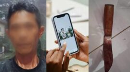 Kolase foto tersangka FJN alias Mpit, pelaku penusukan istri di Kota Agung Tanggamus dan ilustrasi unggahan status WhatsApp serrta pisau yang digunakan pelaku, Jumat 30 Januari 2026 | Dok. Polres Tanggamus.
