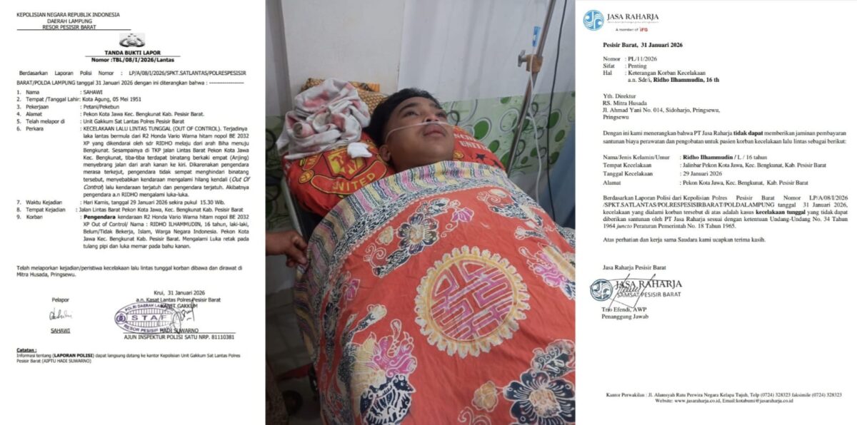 Kolase foto tanda bukti laporan kecelakaan yang dibuat rekayasa dan saat korban terbaring lemah di rumah sakit serta surat keterangan penolakan klaim Jasa Raharja yang juga menyebut kecelakaan tunggal | ist/Media Prioritastv.com.