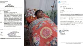 Kolase foto tanda bukti laporan kecelakaan yang dibuat rekayasa dan saat korban terbaring lemah di rumah sakit serta surat keterangan penolakan klaim Jasa Raharja yang juga menyebut kecelakaan tunggal | ist/Media Prioritastv.com.