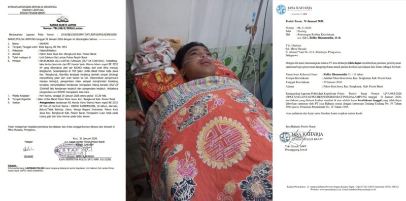 Kolase foto tanda bukti laporan kecelakaan yang dibuat rekayasa dan saat korban terbaring lemah di rumah sakit serta surat keterangan penolakan klaim Jasa Raharja yang juga menyebut kecelakaan tunggal | ist/Media Prioritastv.com.