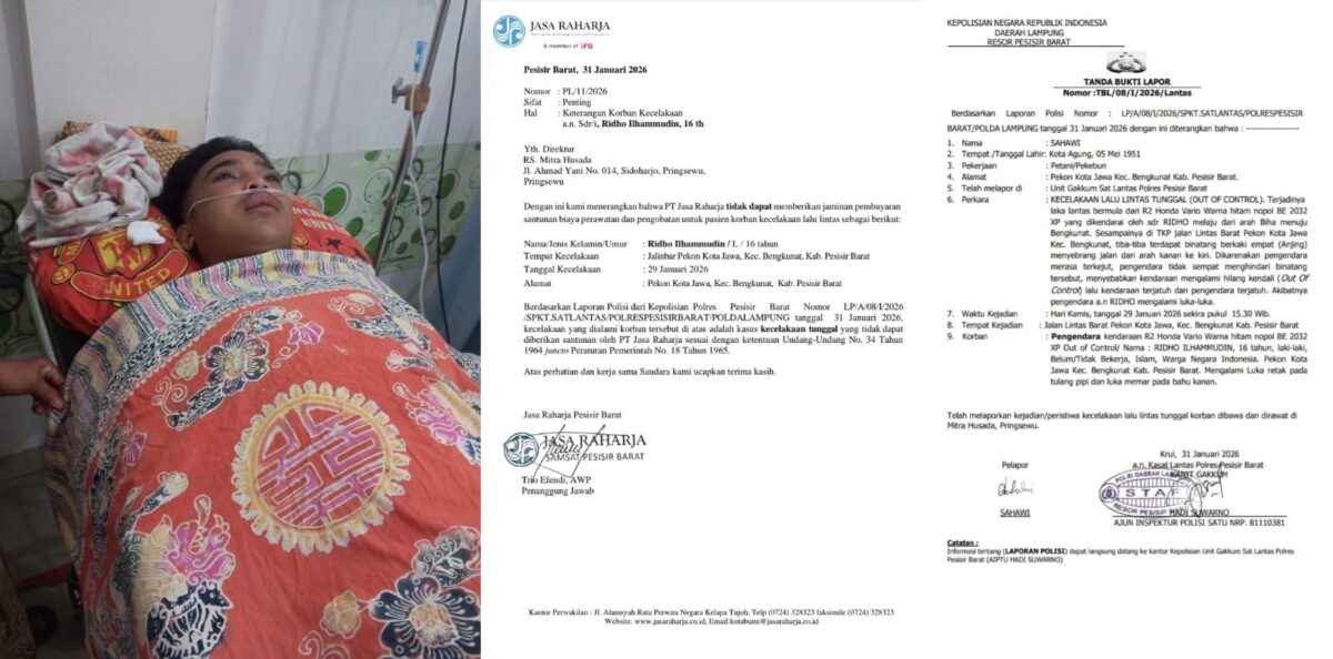 Kolase foto saat korban terbaring lemah di Rumah Sakit Mitra Husada dan surat laporan penolakan jasa raharja serta tanda bukti laporan rekaya yang tandatangan pelapor dipalsukan | ist/Media Prioritastv.com.
