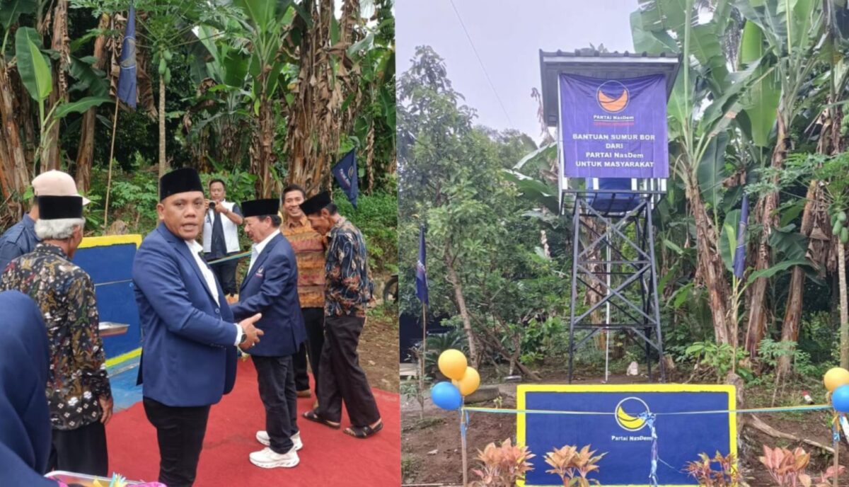 Kolase foto saat Ketua DPD NasDem Tanggamus Kurnain menunjukan lokasi sumur dan sumur yang diresmikan Ketua DPW Nasdem Herman H.N, Sabtu 31 Januari 2026 | Dok. DPD NasDem Tanggamus.