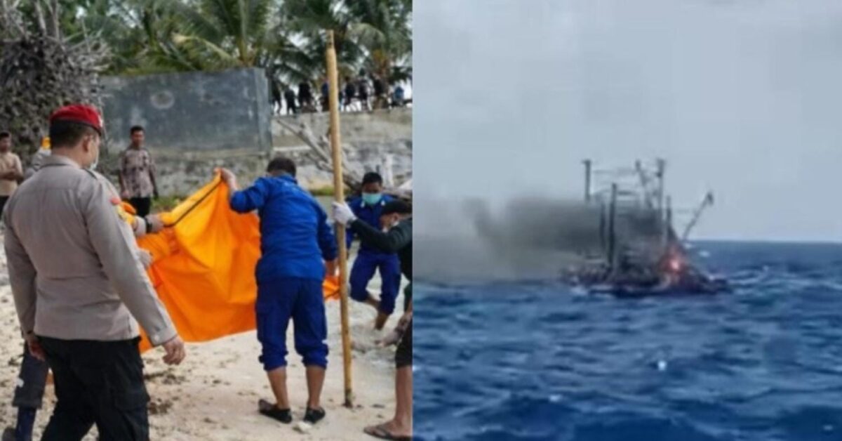 Kolase foto temuan mayat tanpa kepala di Pantai Walur, Pesisir Barat, Minggu 1 Februari 2026 dan saat KM Maulan 3.0 yang terbakar di Perairan Tanggamus pada 21 Desember 2025, lalu |