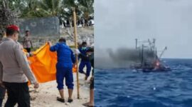 Kolase foto temuan mayat tanpa kepala di Pantai Walur, Pesisir Barat, Minggu 1 Februari 2026 dan saat KM  Maulan 3.0 yang terbakar di Perairan Tanggamus pada 21 Desember 2025, lalu |