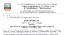 Surat pengumuman hasil akhir verifikasi kerjasama publikasi media massa periode 2026 - 2030 Diskominfostapers, Senin 2 Februari 2026.