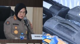 Kabid Humas Polda Lampung, Kombes Pol Yuni  (kiri) saat memberikan keterangan pers dan salah satu barang bukti koper yang diamankan dalam perkara dugaan penipuan umroh illegal di Lampung Tengah | Dok. Humas Polda Lampung.