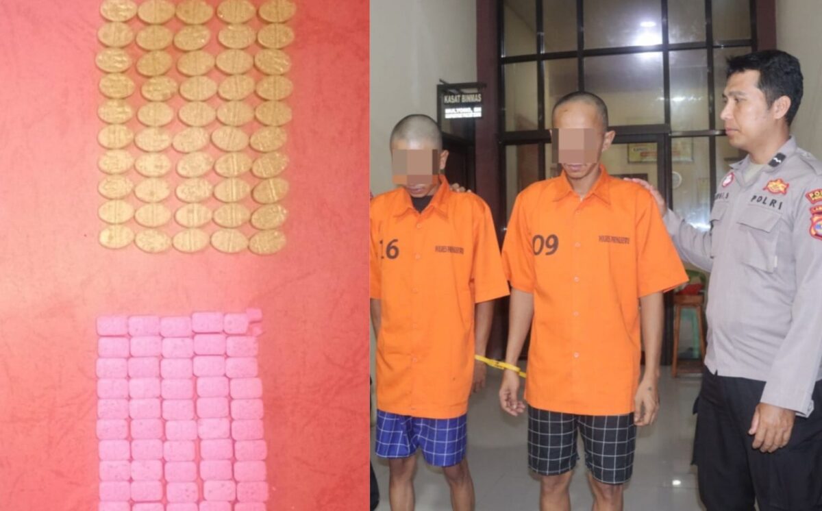 Kolase foto pil ekstasi yang diamankan dan kedua tersangka yang diamankan Polres Pringsewu sebelum dijebloskan penjara, Kamis 5 Februari 2026 | Dok. Humas Polres Tanggamus.