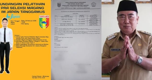Kolase foto undangan pelatihan dan kertas yang diberikan kepada peserta seleksi Magang IM Jepang dengan rincian biaya juga nomor rekining serta (kanan) Bupati Tanggamus H. Moh. Saleh Asnawi | ist/Media Prioritastv.com.