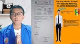 Kolase foto saat Aries Faiz Warisman saat menyampaikan video permohonan maaf dan selebaran biaya pra pelatihan serta undangan pra seleksi magang IM Japan Tanggamus | ist/Media Prioritastv.com.