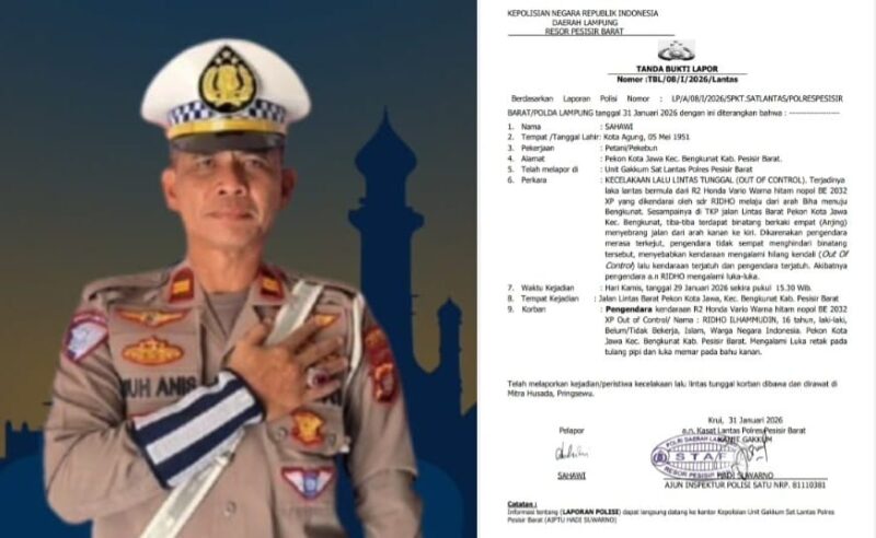Kolase foto Kasat Lantas Polres Pesisir Barat (sumber instagram satlantaspolrespesibar) dan tanda bukti laporan rekayasa kecelakaan Ridho Ilhammudin | ist/Media Prioritastv.com.