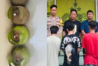 Kolase foto barang bukti tabung gas yang berhasil diamankan dan ketiga terduga pelaku yang diamankan sebelum dijebloskan sel tahanan, Senin 9 Februari 2026 | Dok. Humas Polres Tanggamus.