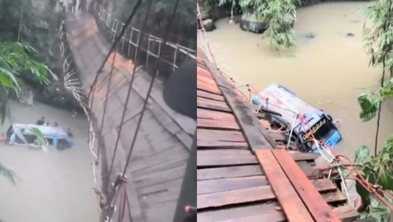 Kolase foto kondisi angkot yang berada di aliran sungai usai terperosok setelah putusnya seling jembatan gantung Jati Agung, Pekon Banjar Agung Ilir, Pugung, Tanggamus, Senin 9 Februari 2026 | ist/Media Prioritastv.com.