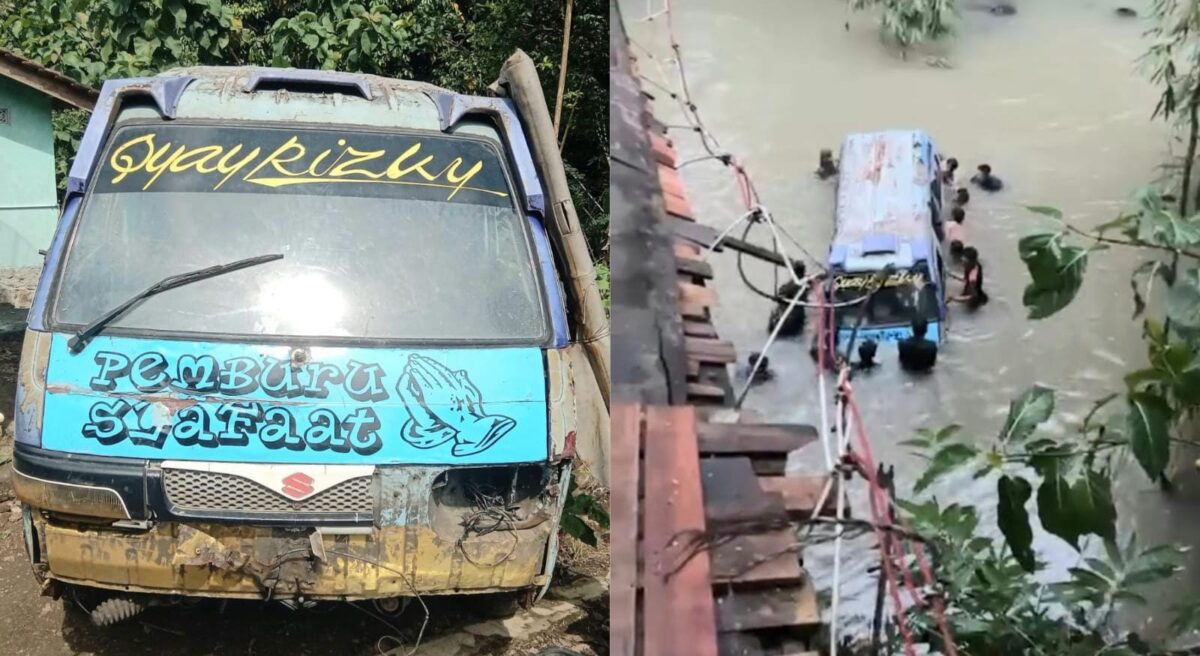Kolase foto minibus angkutan pedesaan yang telah dievakuasi dari sungai, Selasa 10 Februari 2026 dan saat proses evakuasi usai terjun ke sungai Way Tebu, Dusun Jati Agung, Banjar Agung Ilir, Pugung, Tanggsmus, Senin 9 Februari 2026, sore | Herdi/Media Prioritastv.com.