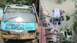 Kolase foto minibus angkutan pedesaan yang telah dievakuasi dari sungai, Selasa 10 Februari 2026 dan saat proses evakuasi usai terjun ke sungai Way Tebu, Dusun Jati Agung, Banjar Agung Ilir, Pugung, Tanggsmus, Senin 9 Februari 2026, sore | Herdi/Media Prioritastv.com.