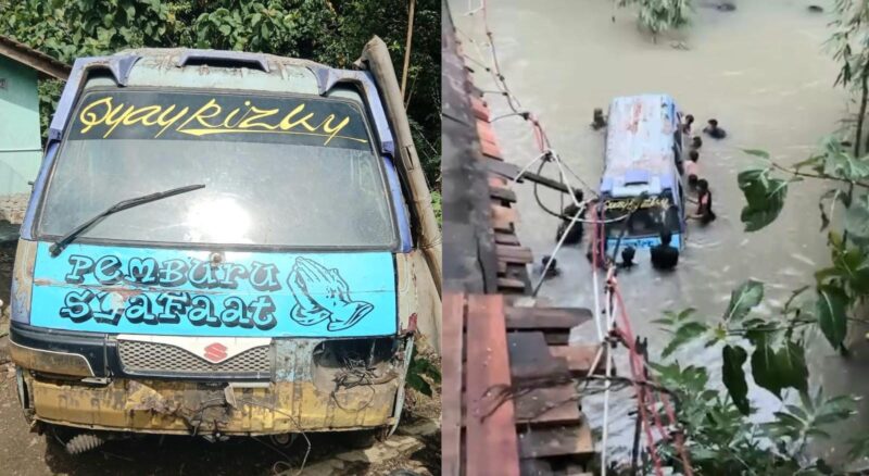 Kolase foto minibus angkutan pedesaan yang telah dievakuasi dari sungai, Selasa 10 Februari 2026 dan saat proses evakuasi usai terjun ke sungai Way Tebu, Dusun Jati Agung, Banjar Agung Ilir, Pugung, Tanggsmus, Senin 9 Februari 2026, sore | Herdi/Media Prioritastv.com.