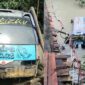 Kolase foto minibus angkutan pedesaan yang telah dievakuasi dari sungai, Selasa 10 Februari 2026 dan saat proses evakuasi usai terjun ke sungai Way Tebu, Dusun Jati Agung, Banjar Agung Ilir, Pugung, Tanggsmus, Senin 9 Februari 2026, sore | Herdi/Media Prioritastv.com.
