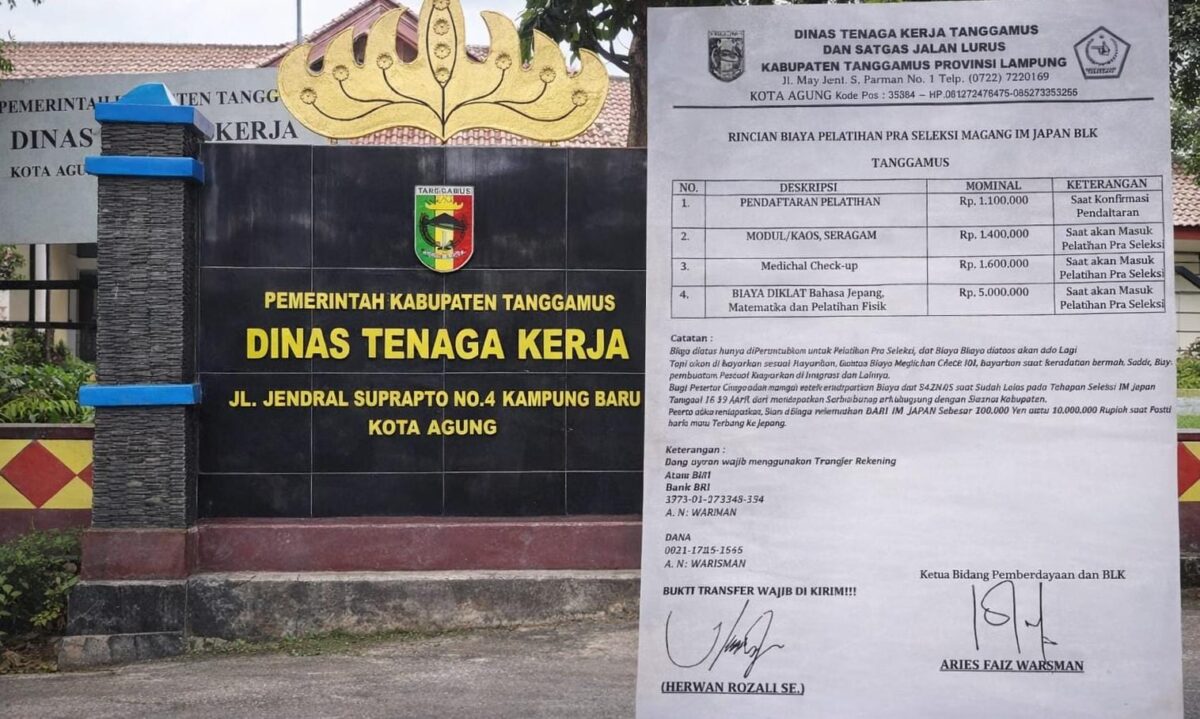 Kolase foto Kantor Disnaker Tanggamus dan surat pungutan pra pelatihan IM Japan berlogo Pemkab Tanggamus.