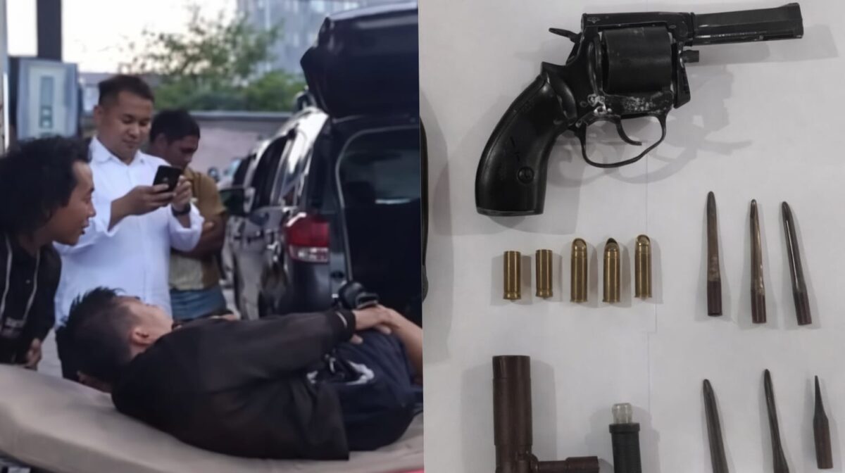 Kolase foto saat tersangka dievakuasi guna penanganan medis dan barang bukti senjata api, peluru aktif dan kunci T berikut anaknya | ist/Media Prioritastv.com.